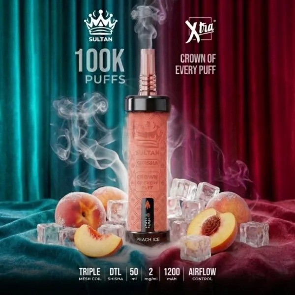 XTRA-SULTAN-100K-Puffs-DTL-Shisha-Peach-Ice-600x600 Xtra Sultan shisha Dtl 100k puffs 2mg nicotine